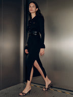 A long sleeve maxi dress with collar detail, featuring sleek and elegant design.