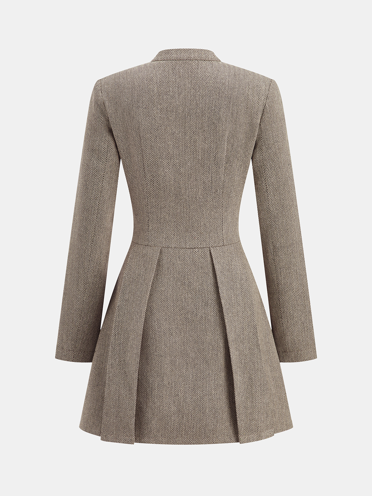 Plaid snap button mini dress with long sleeves, fitted waist, pleated skirt, stand collar.