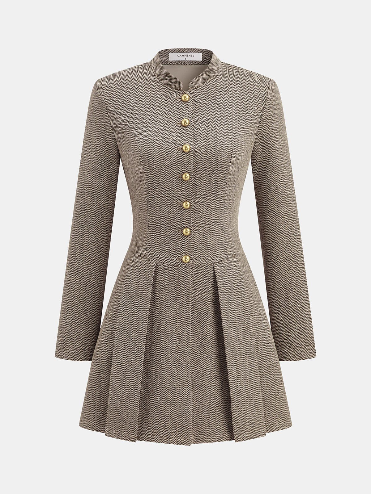 A plaid mini dress with pleated skirt, long sleeves, snap buttons, and mandarin collar.