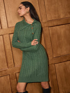 Asymmetric collar sweater dress with cable knit details and gold buttons on collar.