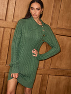 An asymmetric collar sweater dress with green cable knit detailing and decorative gold buttons.