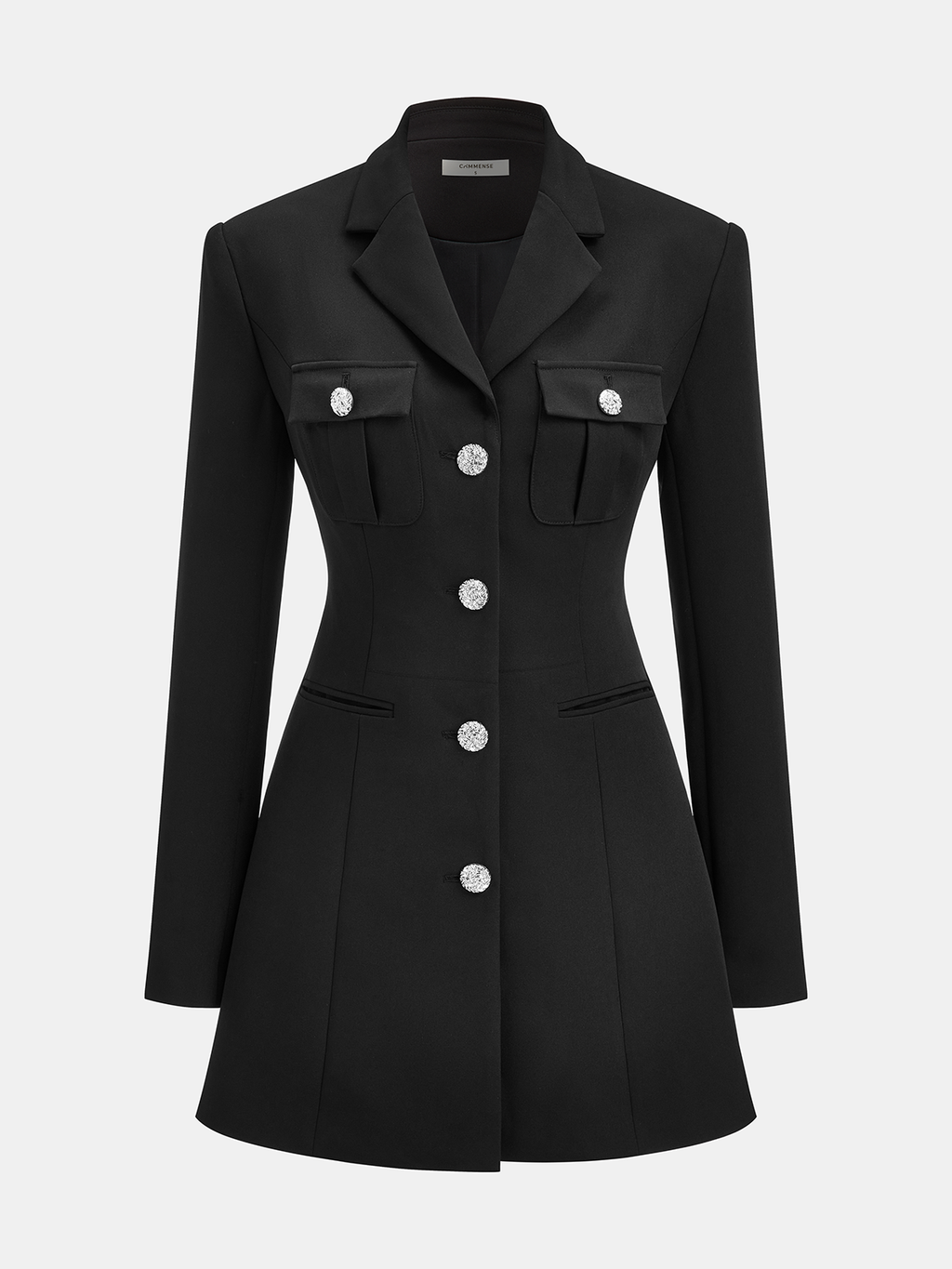 The LA FINE FLEUR blazer dress has a slim fit, jeweled buttons, and chest pockets.