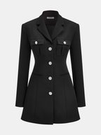 The LA FINE FLEUR blazer dress has a slim fit, jeweled buttons, and chest pockets.
