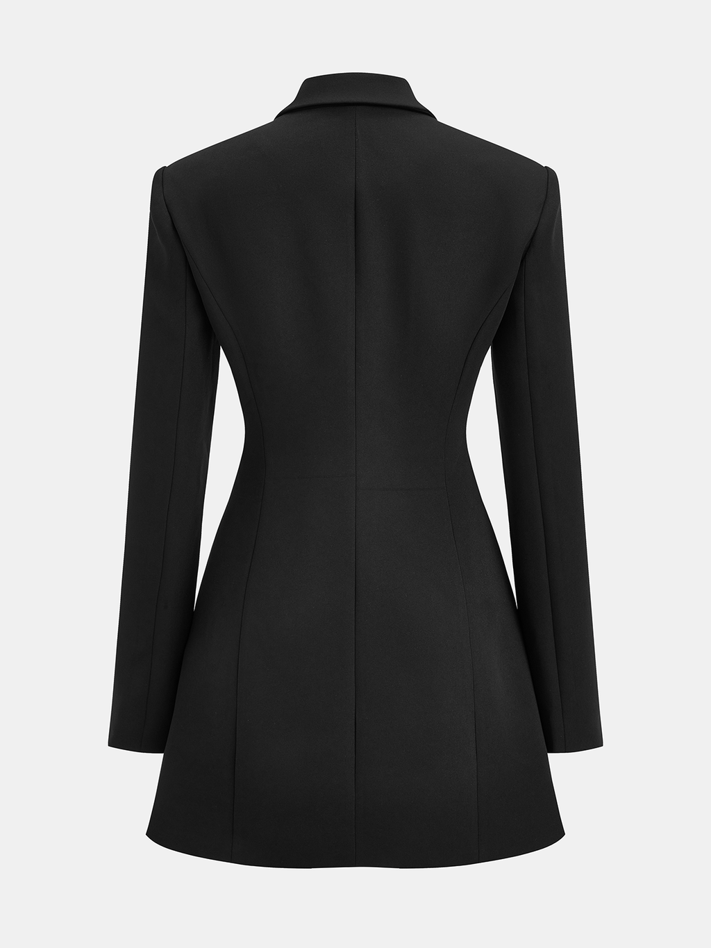 Tailored blazer dress with buttoned collar, long sleeves, fitted waist, and flared hem.