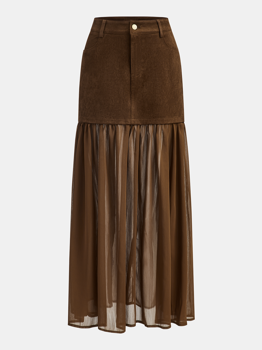 A long, suede-style skirt with pockets, buttoned top, and flowy sheer mesh bottom.