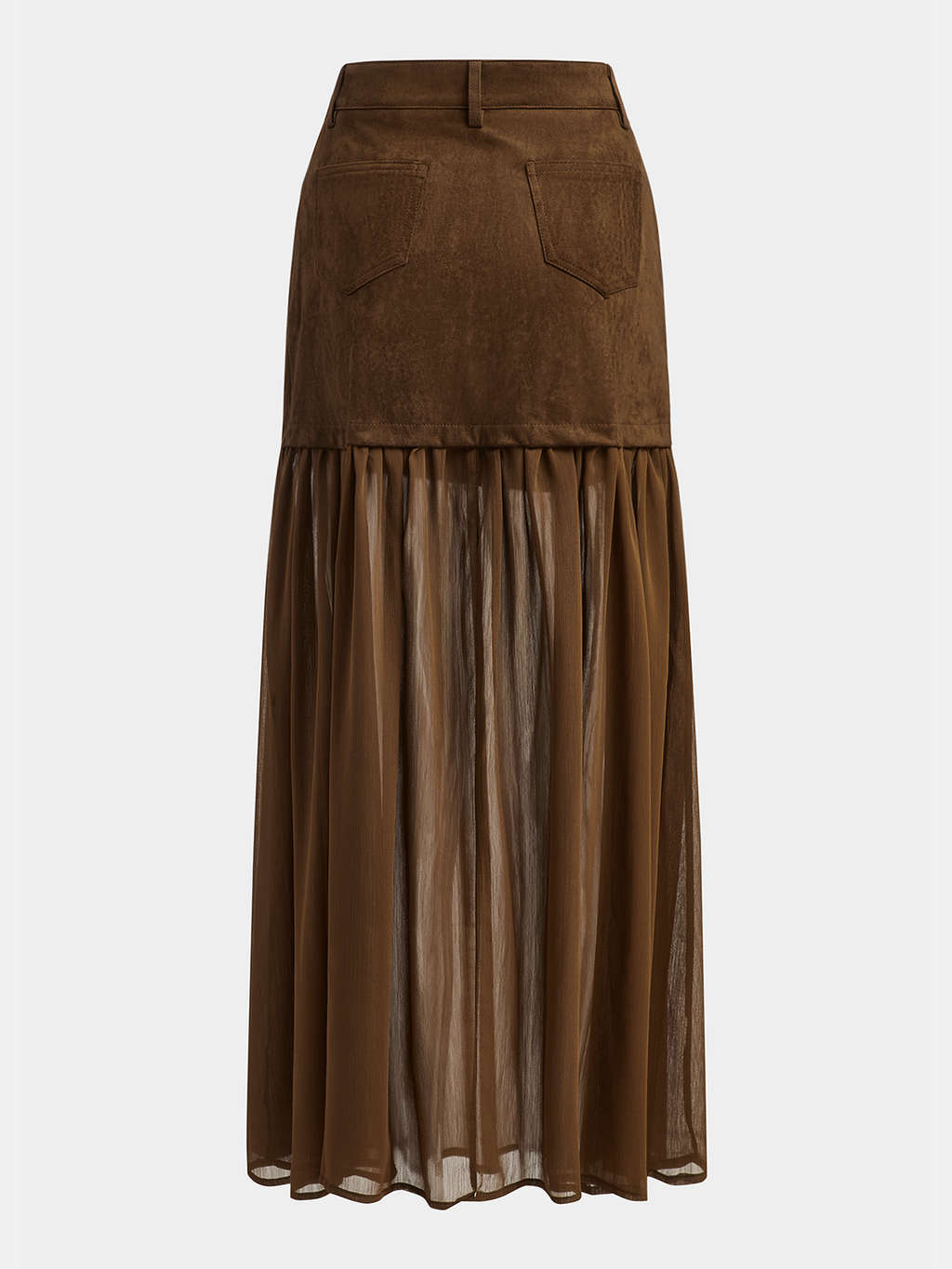 A suede-style long skirt with sheer mesh accents and pleated texture detailing throughout.