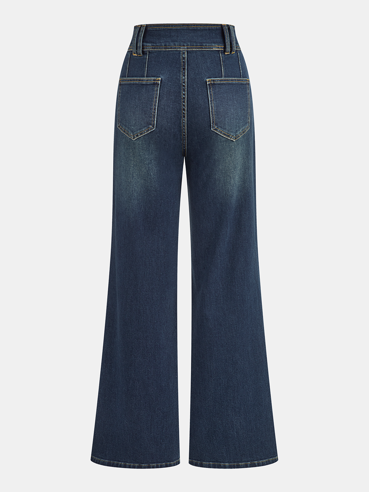 High-waist flared bell bottom jeans with large back pockets and contrast stitching.