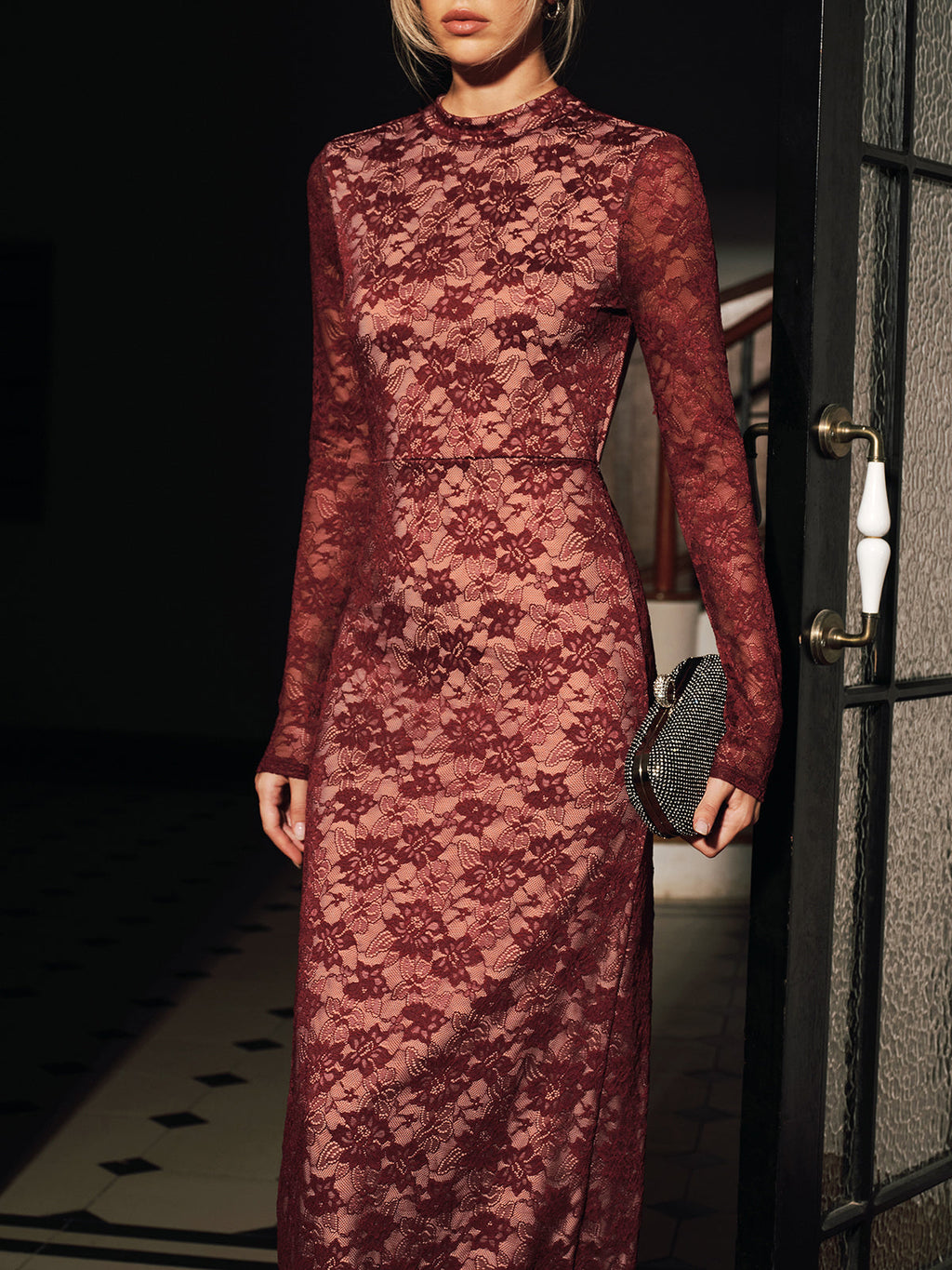 Elegant lace backless maxi dress with long sleeves from LA FINE FLEUR.