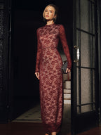 Sheer burgundy lace backless maxi dress with long sleeves from LA FINE FLEUR.