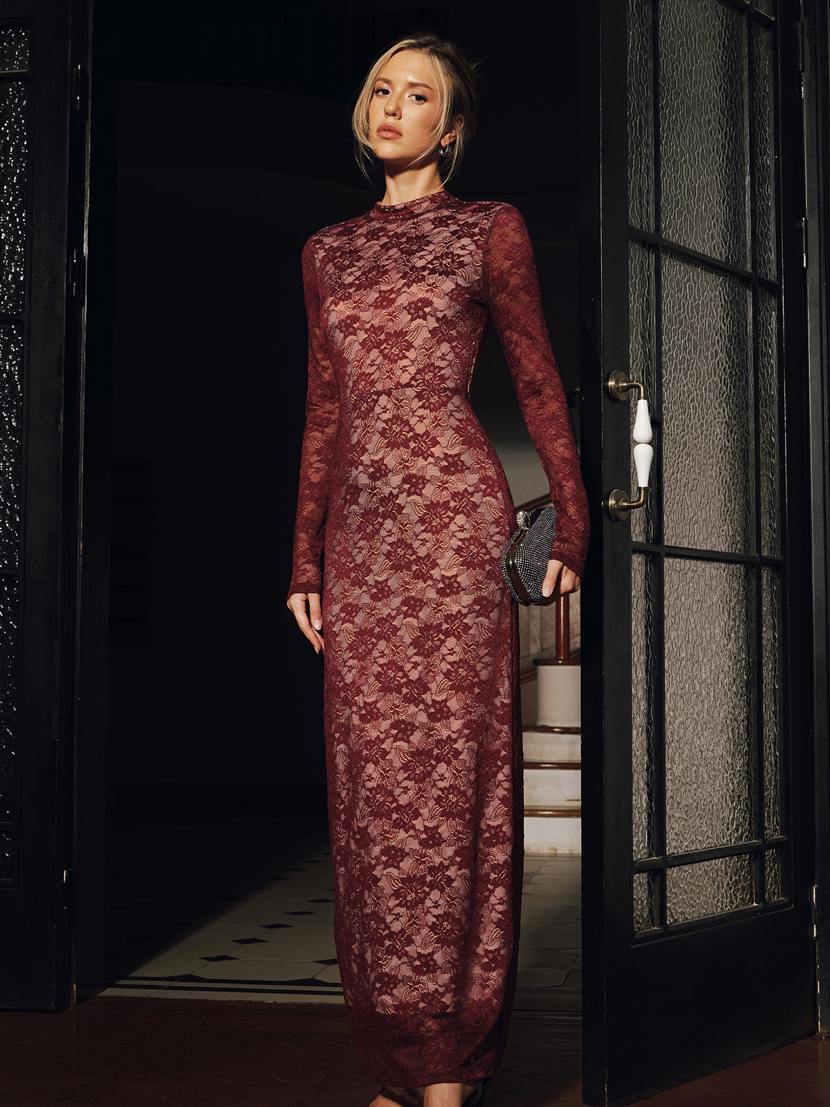 Sheer burgundy lace backless maxi dress with long sleeves from LA FINE FLEUR.