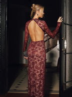 Elegant lace backless maxi dress with long sleeves in rich burgundy by LA FINE FLEUR.