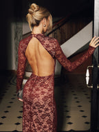 Dark red LA FINE FLEUR Elegant Lace Backless Maxi Dress with long sleeves.