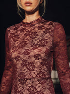 The LA FINE FLEUR Elegant Lace Backless Maxi Dress with long sleeves, waist to shoulders.