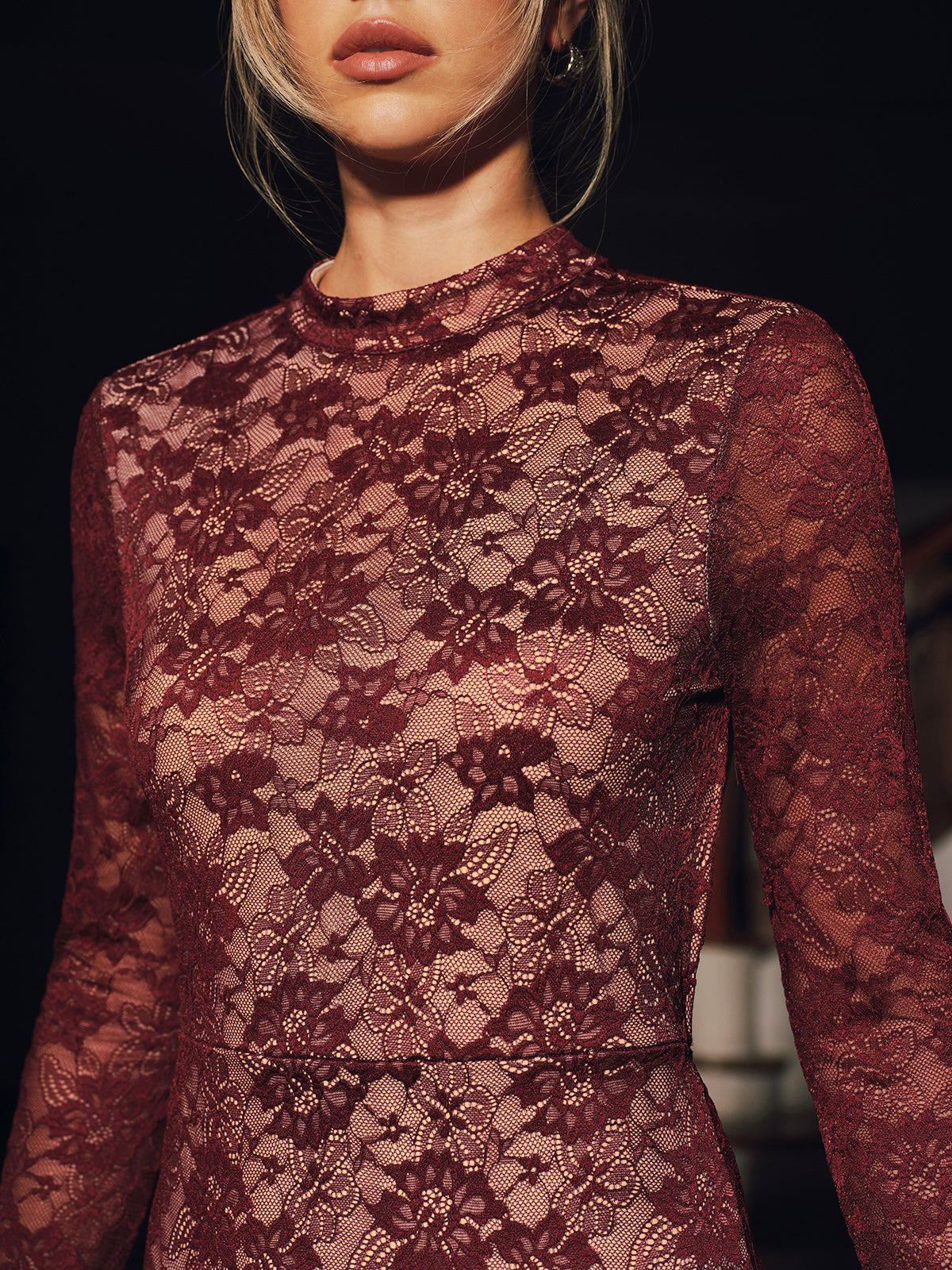 The LA FINE FLEUR Elegant Lace Backless Maxi Dress with long sleeves, waist to shoulders.