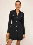 LA FINE FLEUR Tailored Blazer Dress with buttoned collar, slim fit, silver buttons, front pockets.