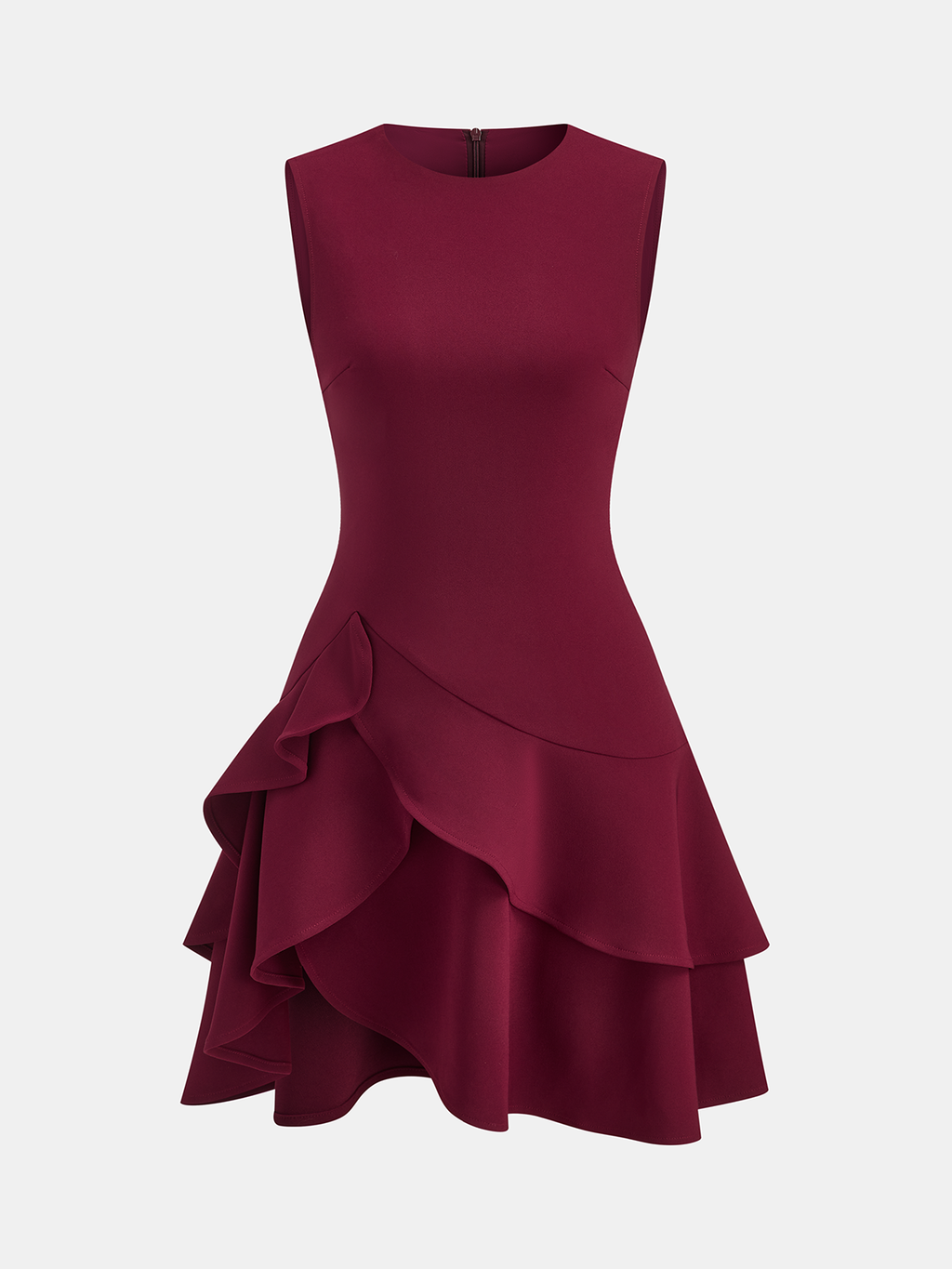 Burgundy sleeveless mini dress with asymmetric ruffle hem, fitted bodice, and layered skirt.