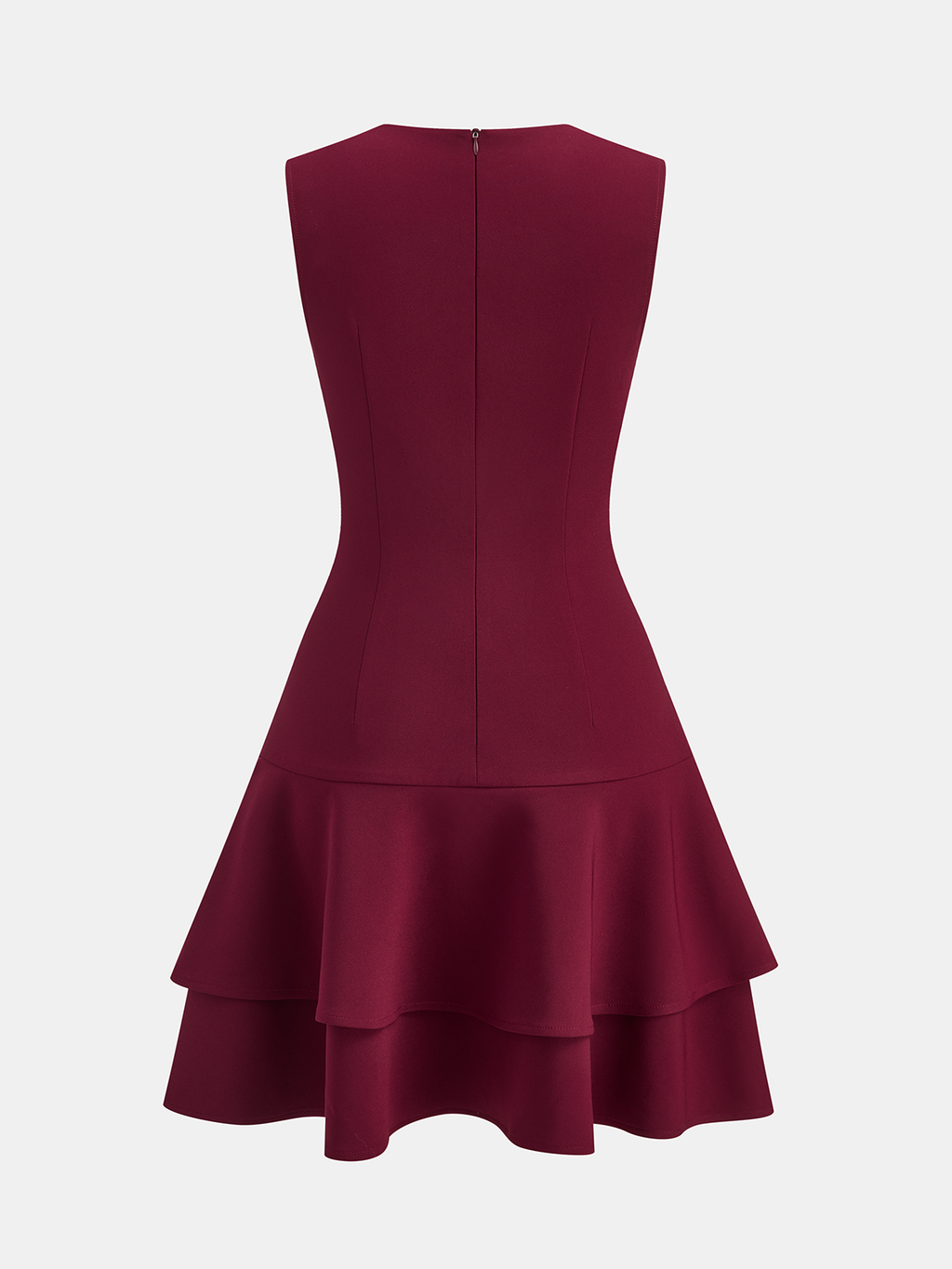 Burgundy sleeveless mini dress with crew neck, fitted bodice, back zip and asymmetric ruffle hem.