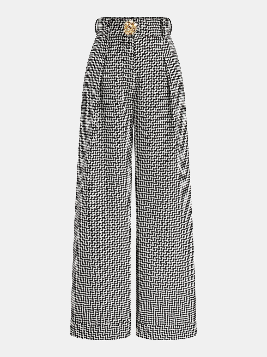 Houndstooth pleated wide leg pants with high waist, front pleats, and gold button details.