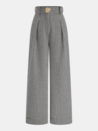 Houndstooth pleated wide leg pants with high waist, front pleats, and gold button details.