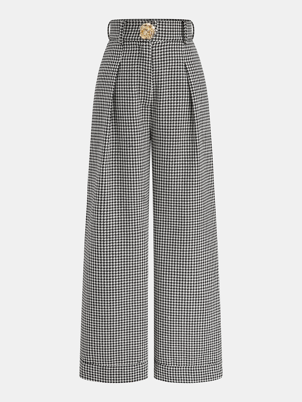 Houndstooth pleated wide leg pants with high waist, front pleats, and gold button details.
