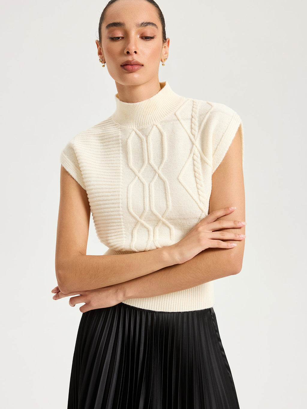 Mock Neck Sleeveless Sweater Vest with Cap Sleeves
