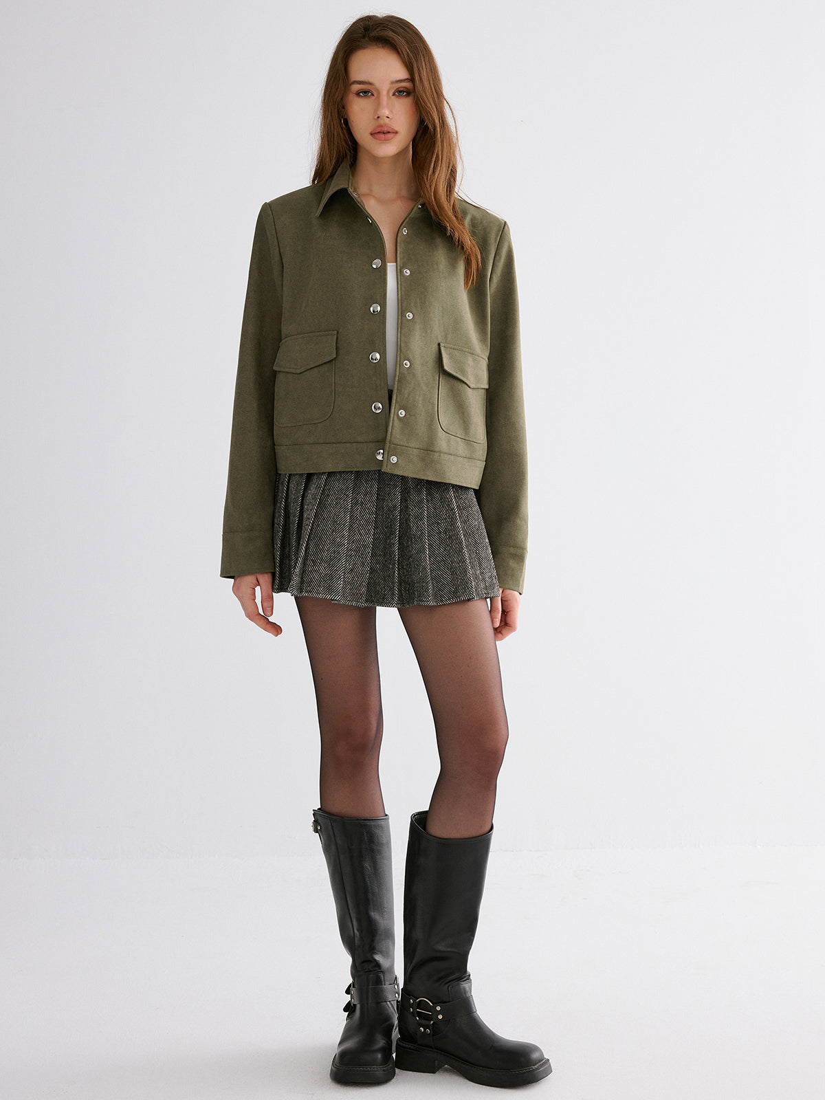 Button-Lapel Jacket in Suede-Effect Fabric