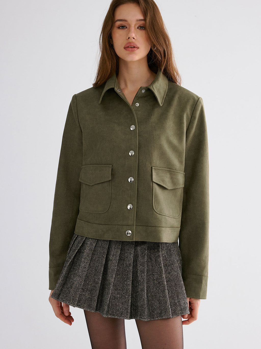 Button-Lapel Jacket in Suede-Effect Fabric