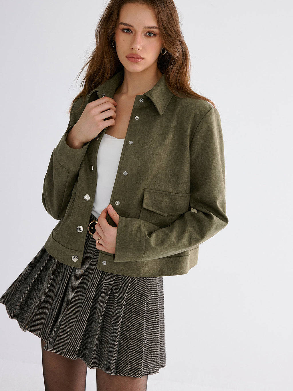 Button-Lapel Jacket in Suede-Effect Fabric