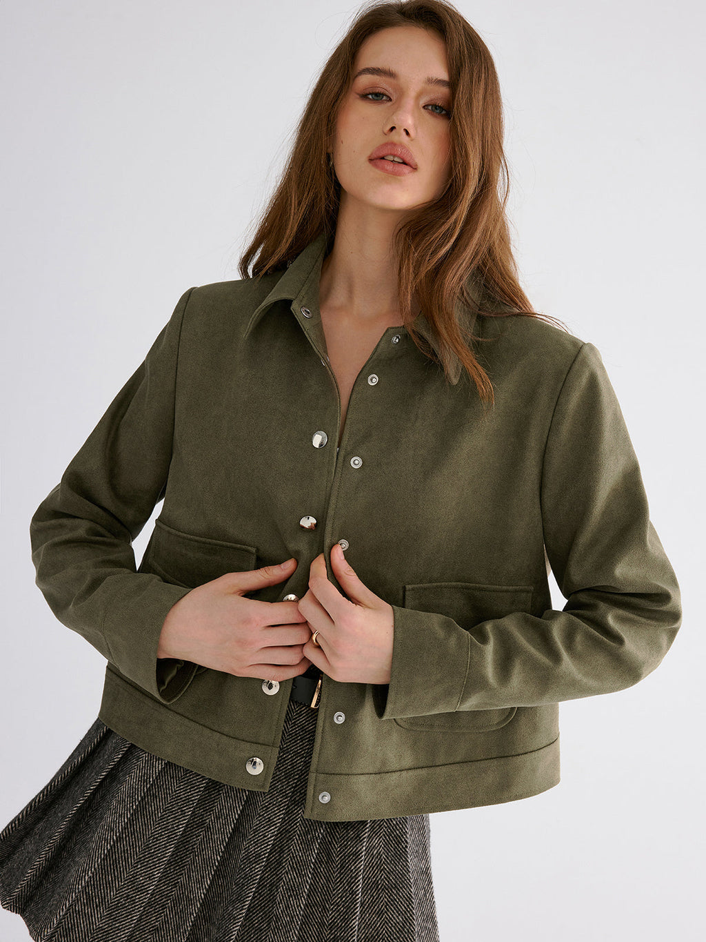 Button-Lapel Jacket in Suede-Effect Fabric