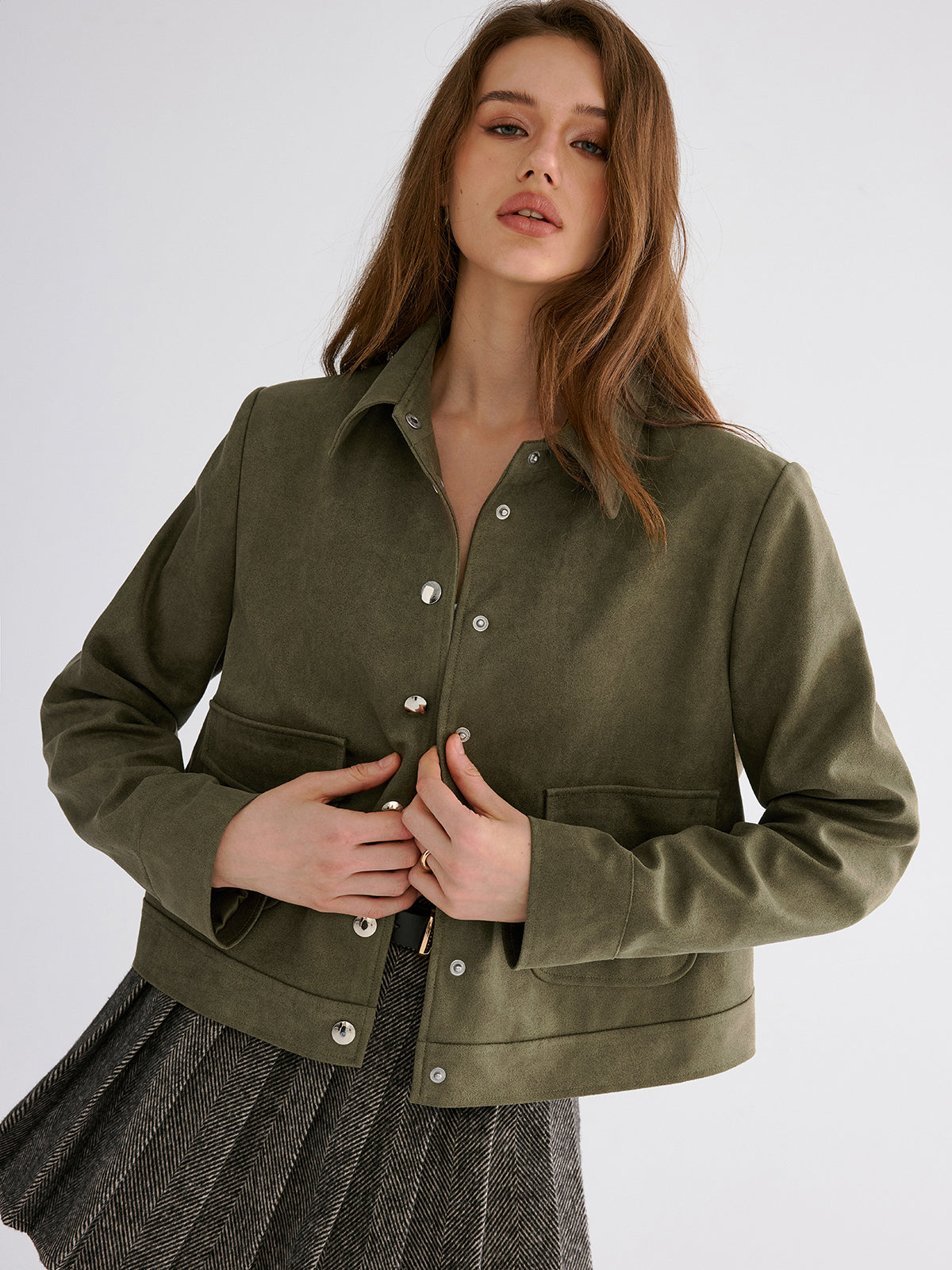 Button-Lapel Jacket in Suede-Effect Fabric