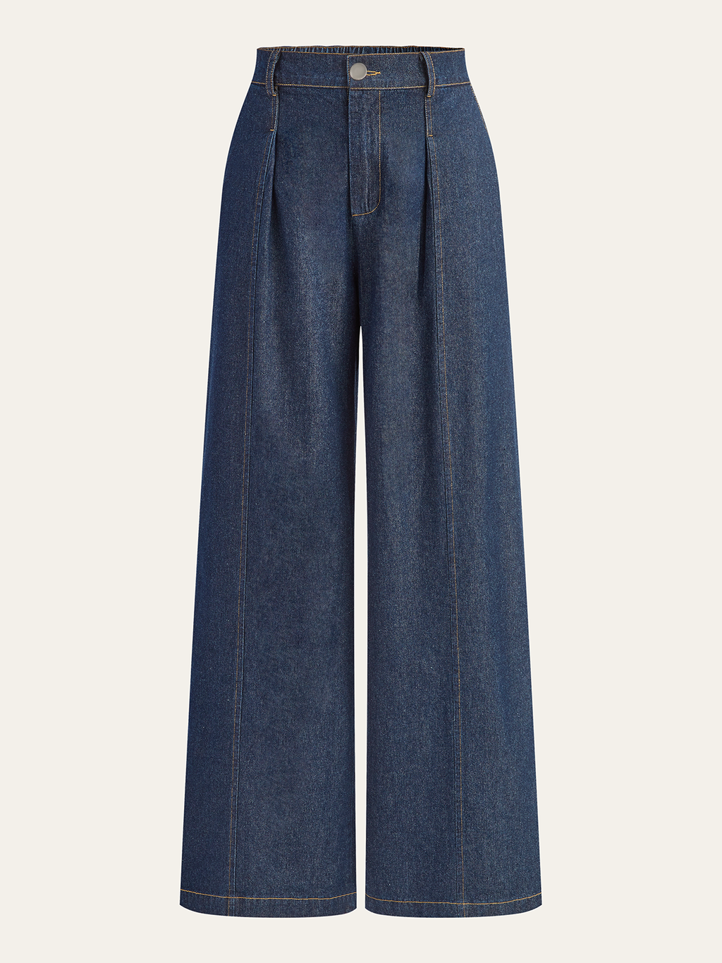 Wide-leg, mid-rise dark blue denim trousers with pleats, belt loops, seams, and ankle-length hem.