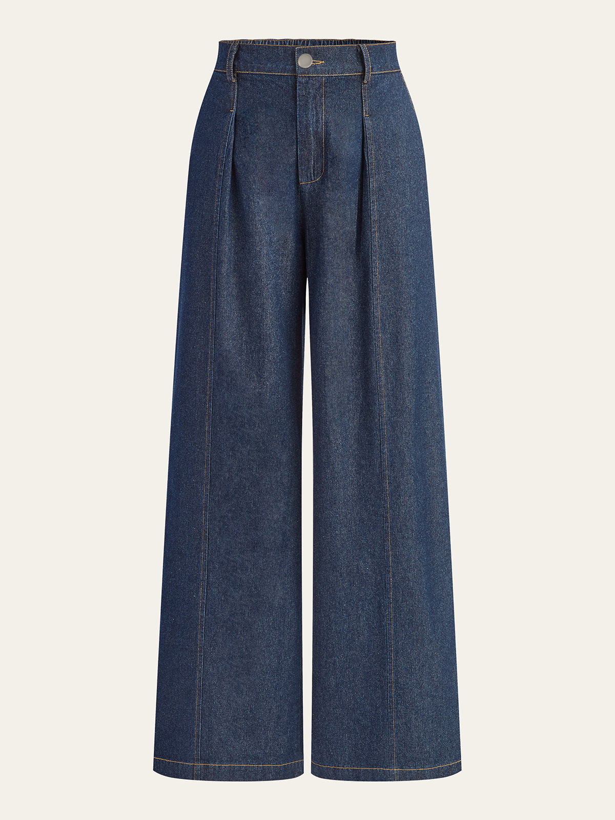 Wide-leg, mid-rise dark blue denim trousers with pleats, belt loops, seams, and ankle-length hem.