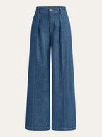 Mid-rise denim trousers with wide legs, front pleats, side pockets, and vertical seams.