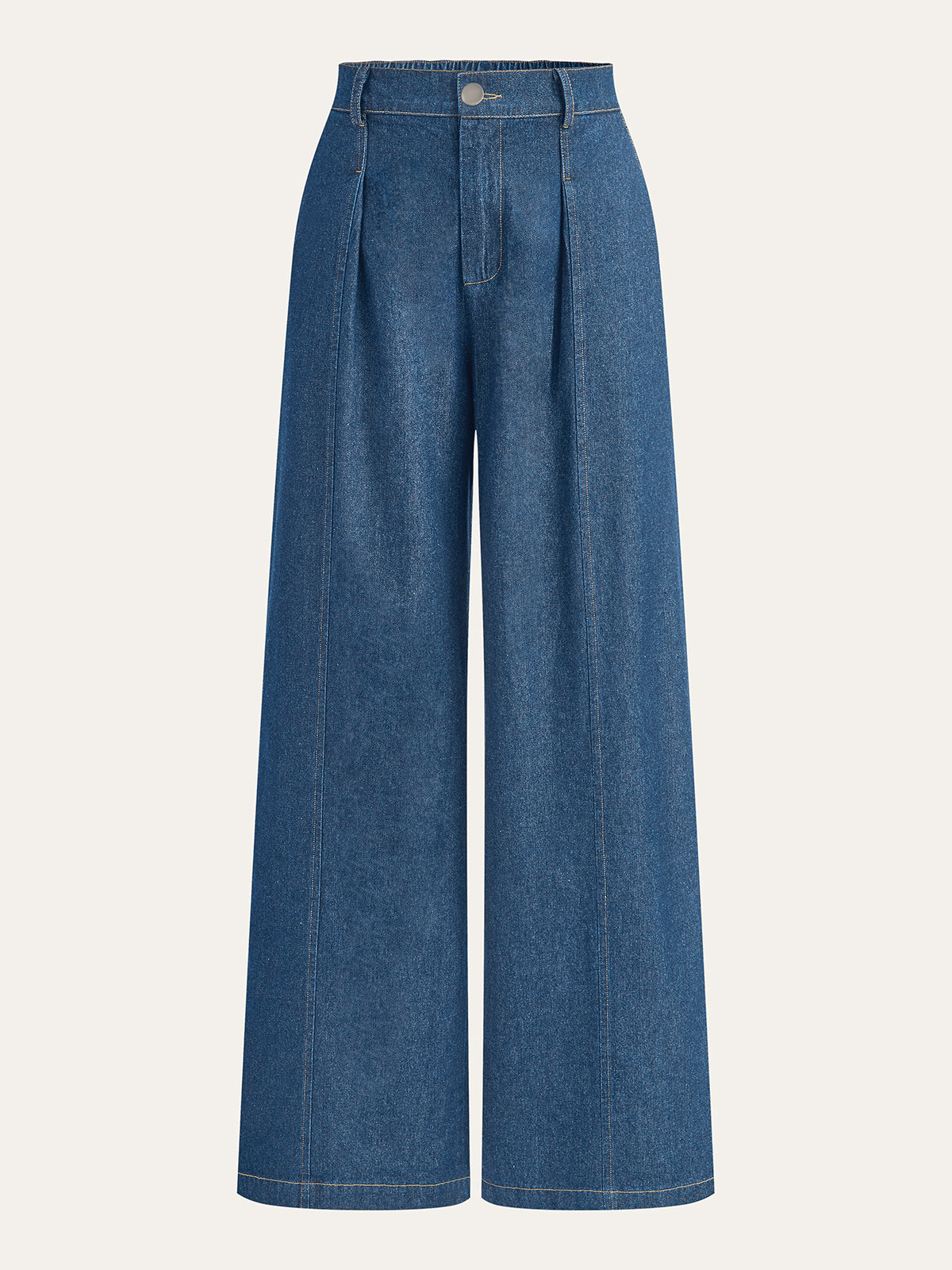 Mid-rise denim trousers with wide legs, front pleats, side pockets, and vertical seams.