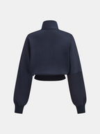 Navy blue, long-sleeve, high-collar cropped sweatshirt with wide sleeves and ribbed cuffs.