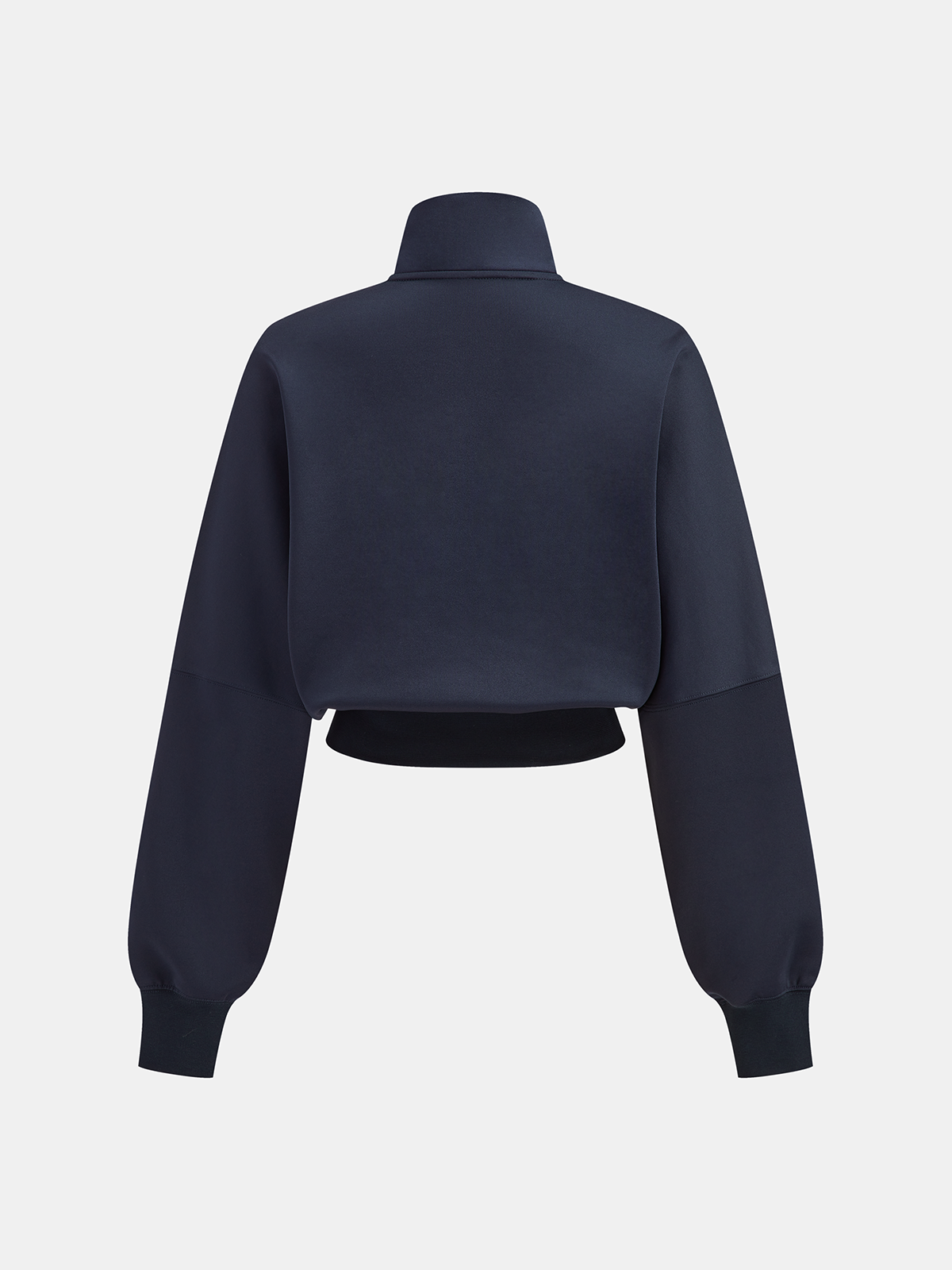 Navy blue, long-sleeve, high-collar cropped sweatshirt with wide sleeves and ribbed cuffs.