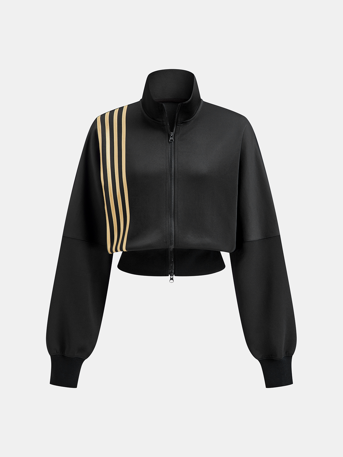 A black cropped zip-up sweatshirt with four gold diagonal shoulder stripes and ribbed cuffs.
