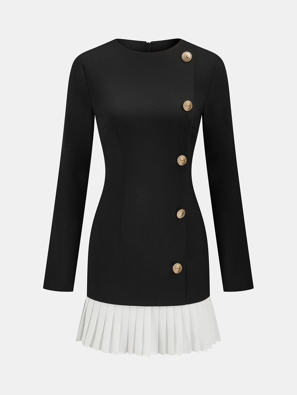 Black long-sleeve mini dress with gold buttons and a white pleated skirt accent.