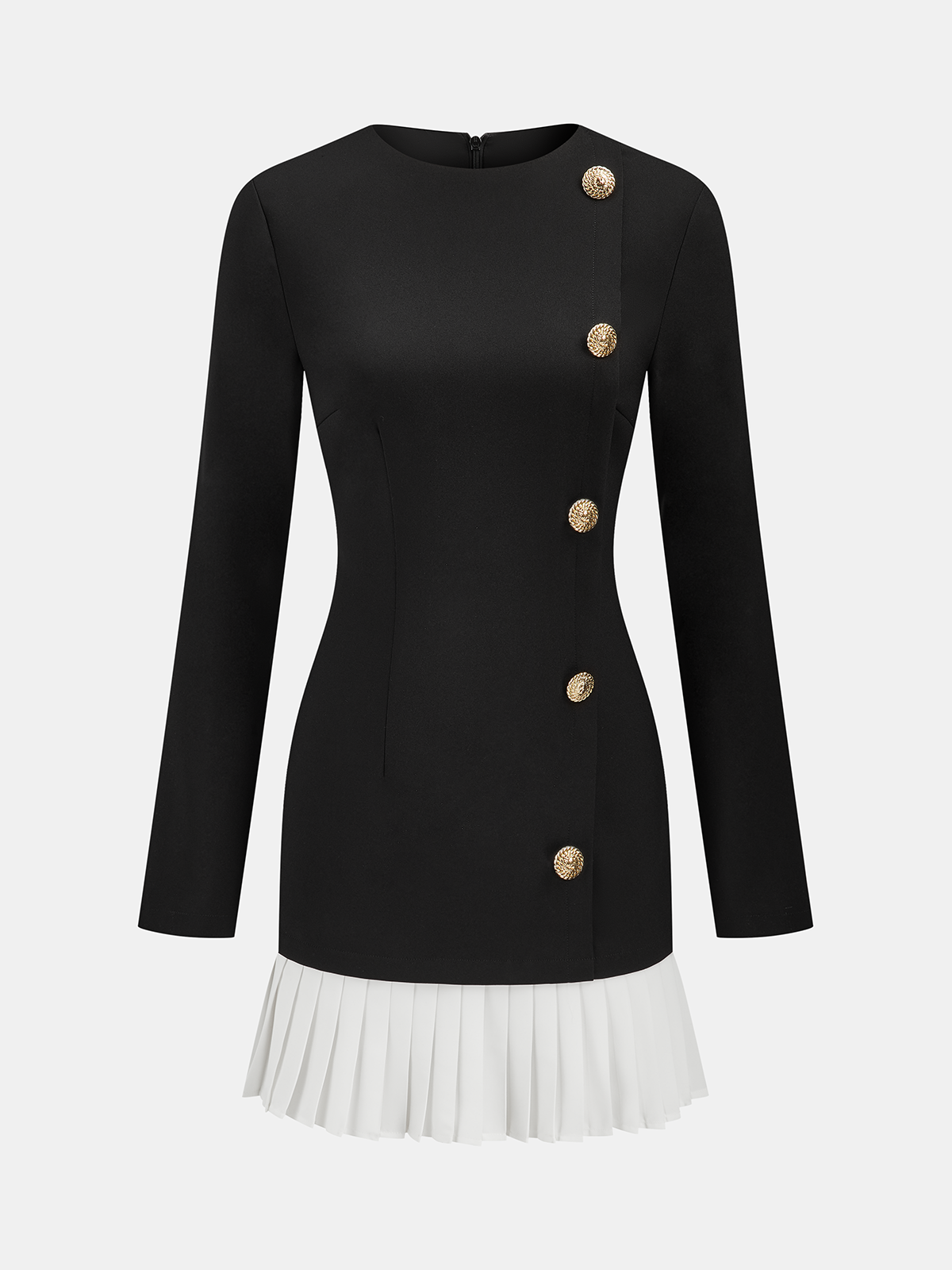 Black long-sleeve mini dress with gold buttons and a white pleated skirt accent.