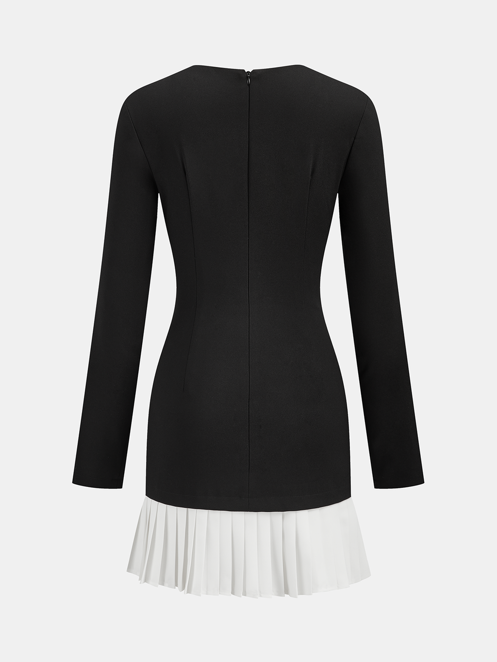 Asymmetric mini dress with long sleeves, pleated contrast hem, metal detail, and back zipper.