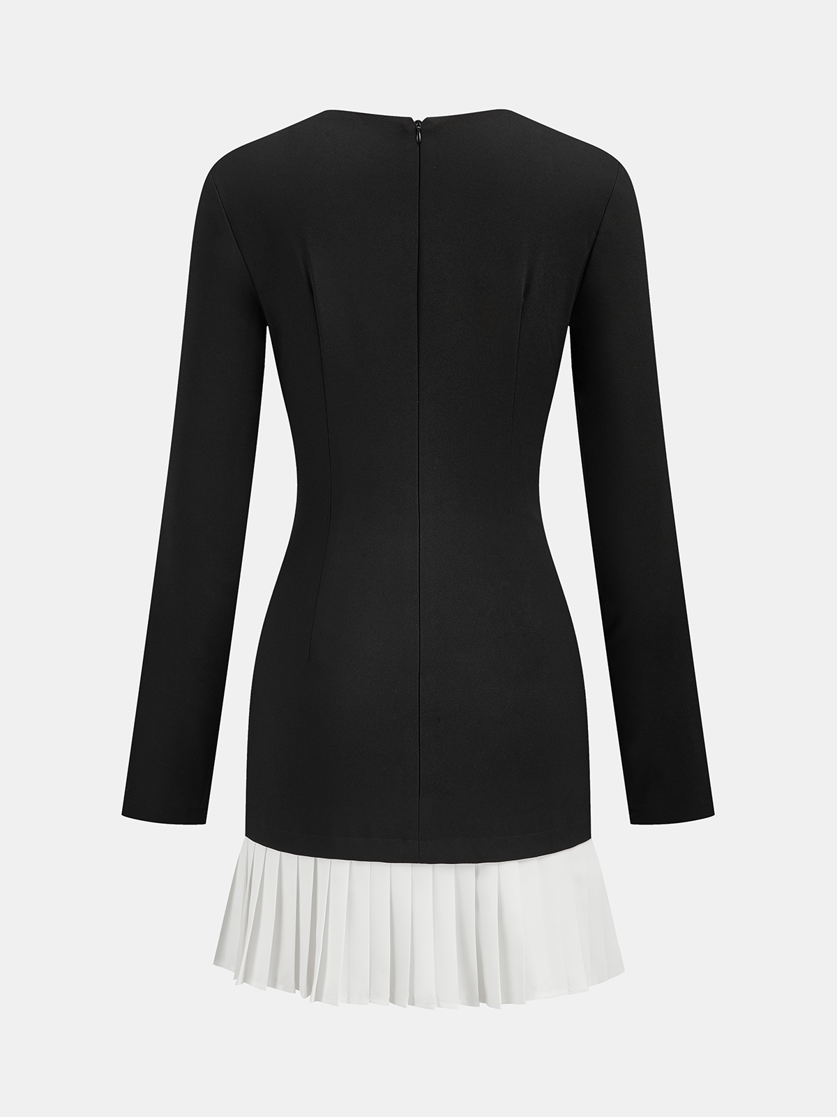 Asymmetric mini dress with long sleeves, pleated contrast hem, metal detail, and back zipper.