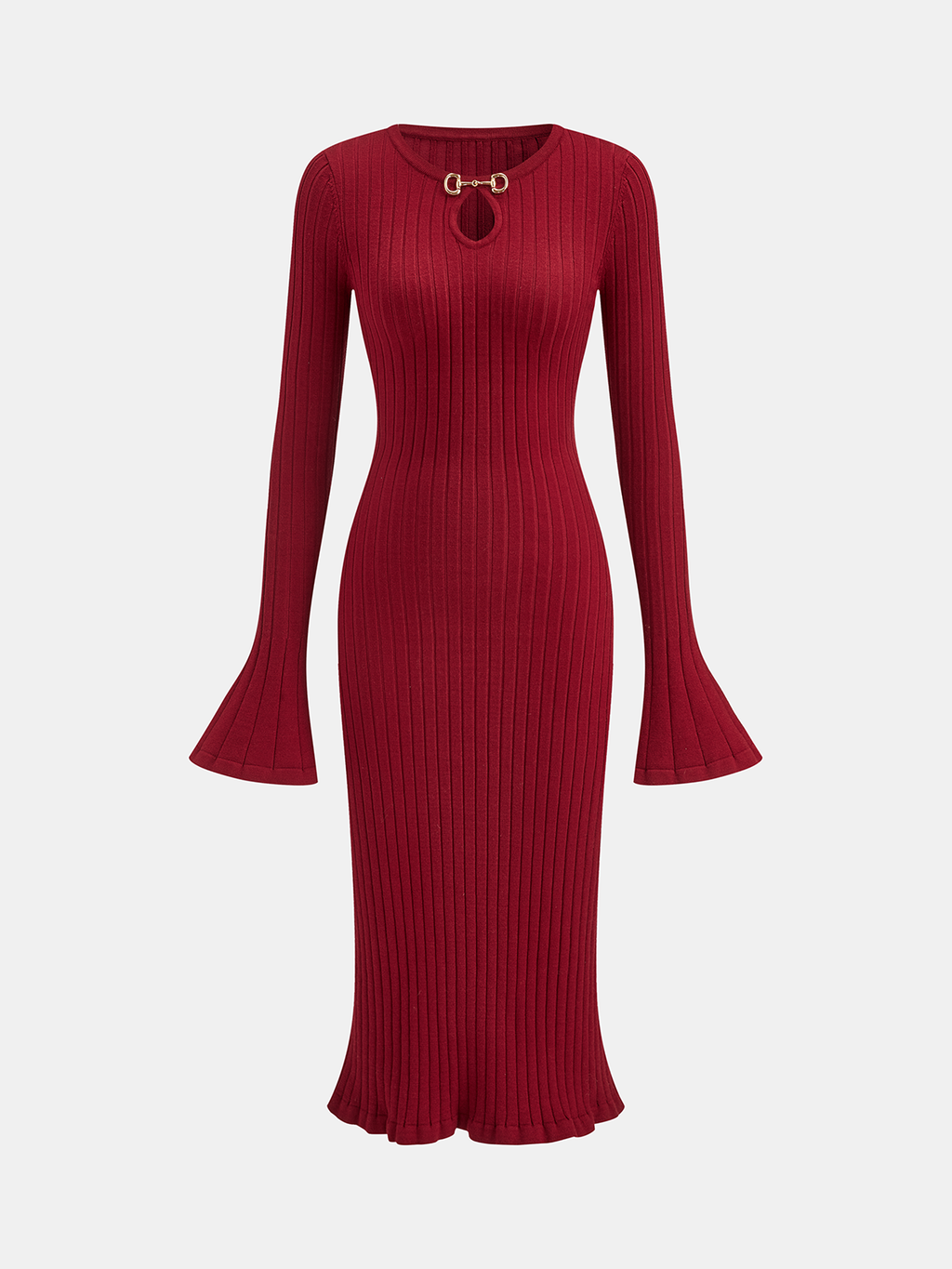 Dark red knit midi dress with bell sleeves, mermaid hem, and gold horsebit neckline detail.