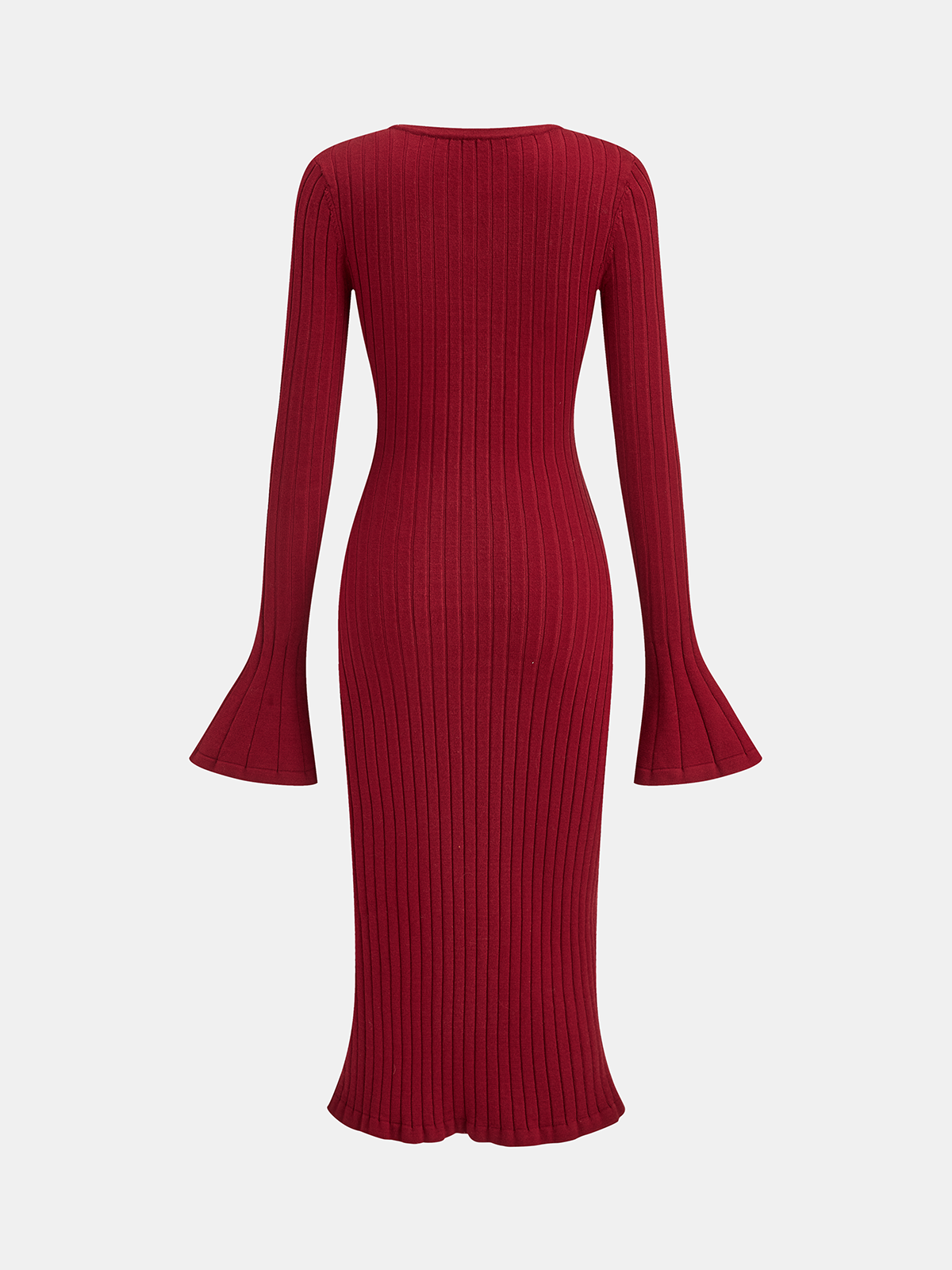 A long-sleeved, ribbed dark red knit midi dress with bell sleeves and mermaid hem.