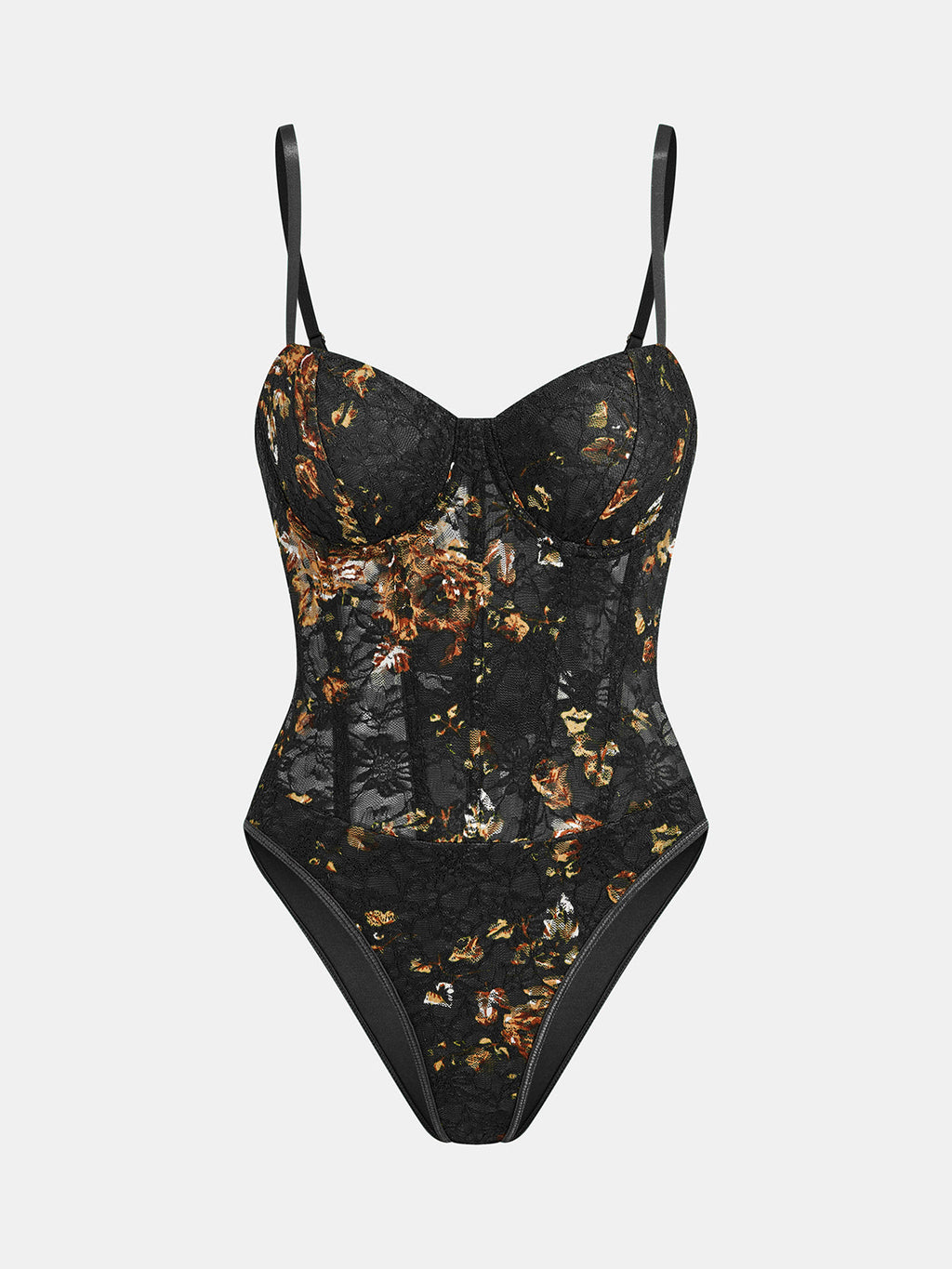 A floral embroidered bustier corset bodysuit with lace, spaghetti straps, and underwire bust.