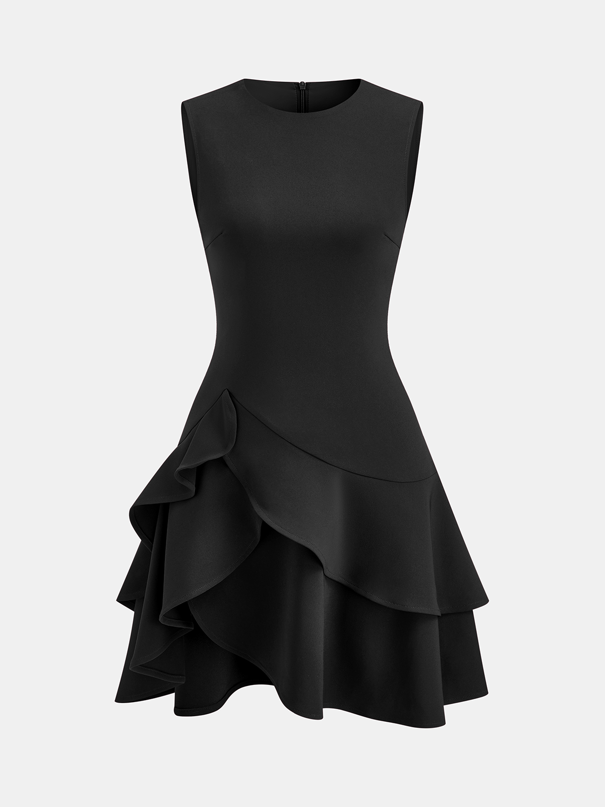 Black sleeveless mini dress with fitted bodice and layered asymmetric ruffle hem.