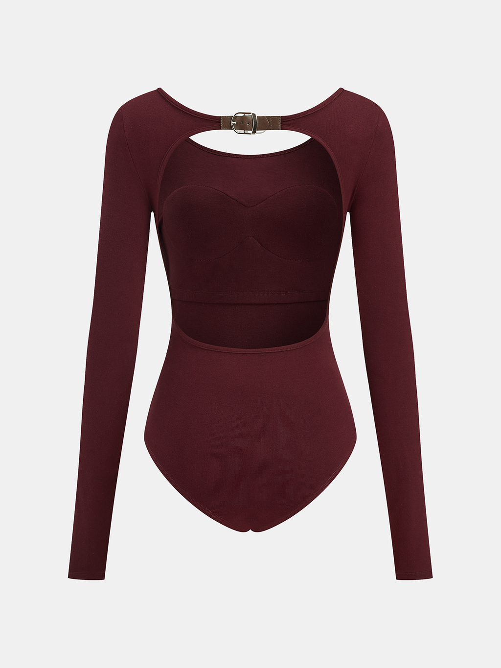 Burgundy long-sleeve bodysuit with backless design, metallic chest buckle, and midriff cut-out.
