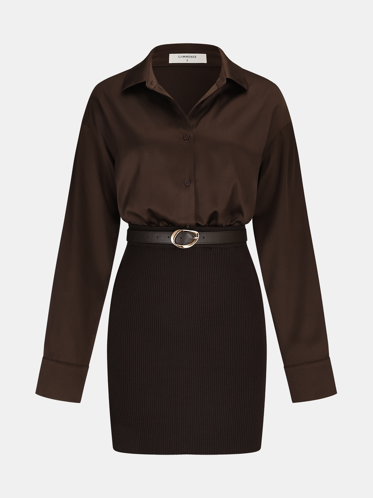 A ribbed knit shirt dress with long sleeves, collared neckline, and belted gold-buckle detail.