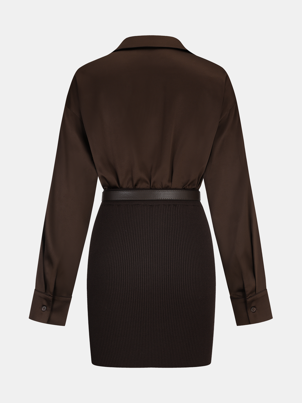 A dark brown, long-sleeve ribbed knit shirt dress with a belted panel detail.