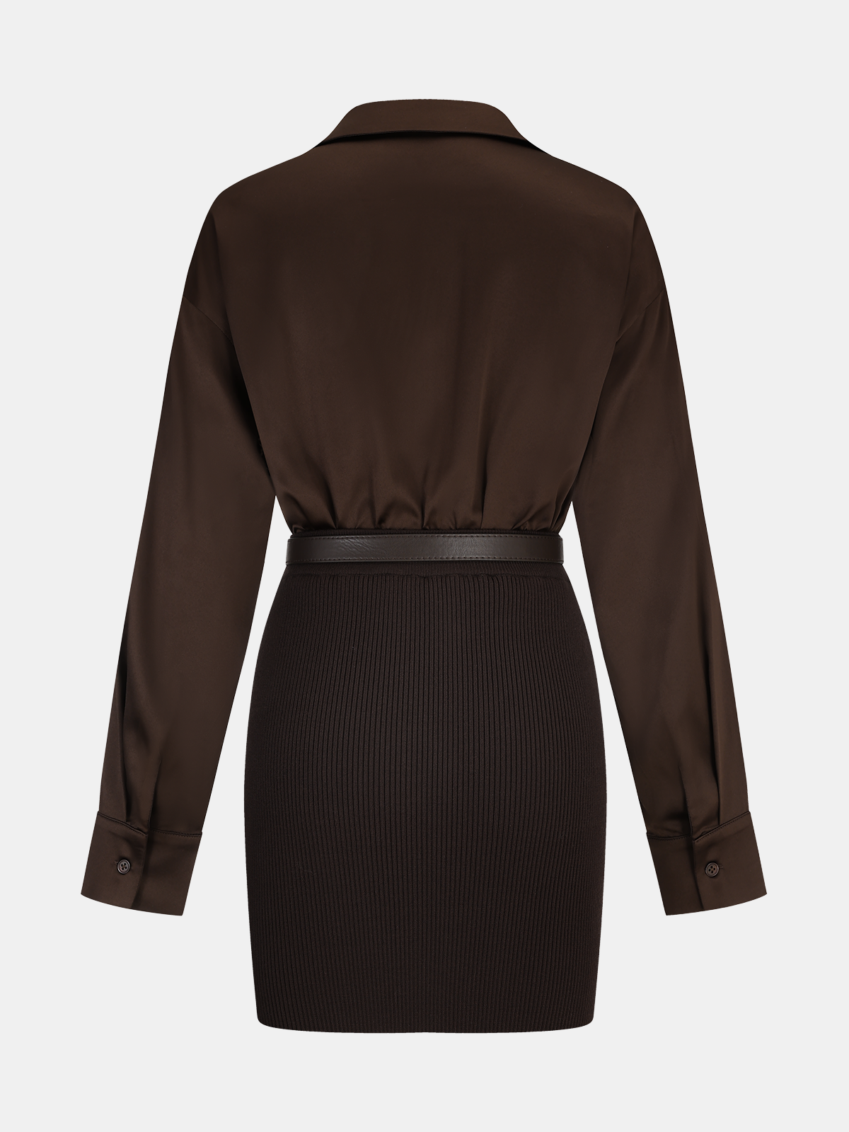 A dark brown, long-sleeve ribbed knit shirt dress with a belted panel detail.