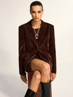 Elegant Velvet Shawl Collar Blazer by LA FINE FLEUR with black knee-high boots.
